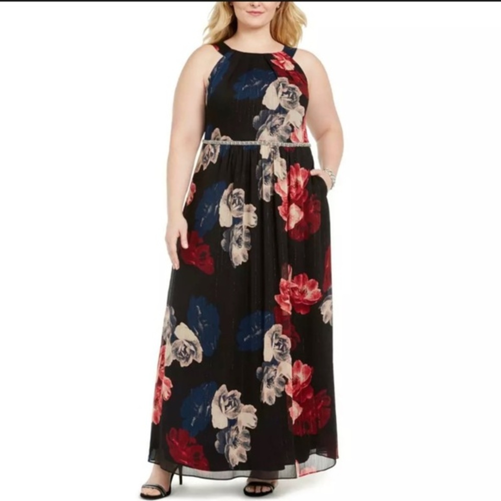 Women’s Formal Dress Plus Size 16W SLNY Beaded Waist Floral Maxi Evening Gown